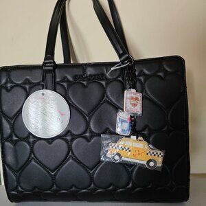 BETSEY JOHNSON BLACK QUILTED HEART TOTE PURSE BAG w/bag charm LAPTOP SAFE
